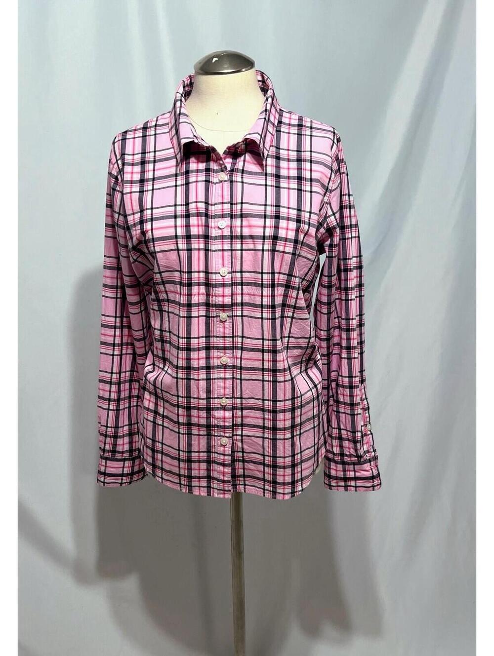 Crown & Ivy Women’s Size Large Pink Long Sleeve Plaid Button Up Lightweight